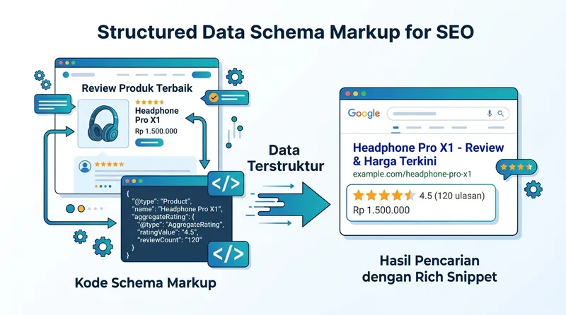 Cara kerja schema markup mengubah data terstruktur menjadi rich snippet di Google