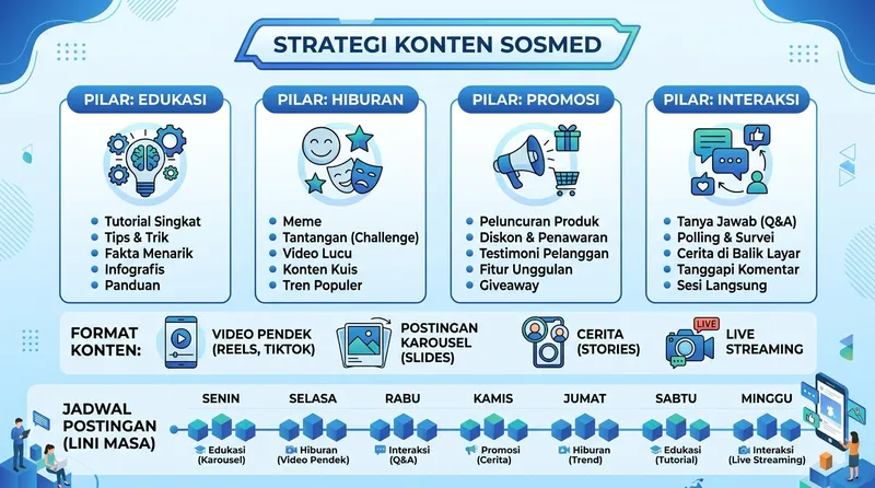 Infografis strategi konten sosmed dengan 4 pilar: edukasi, hiburan, promosi, dan interaksi beserta jadwal posting mingguan