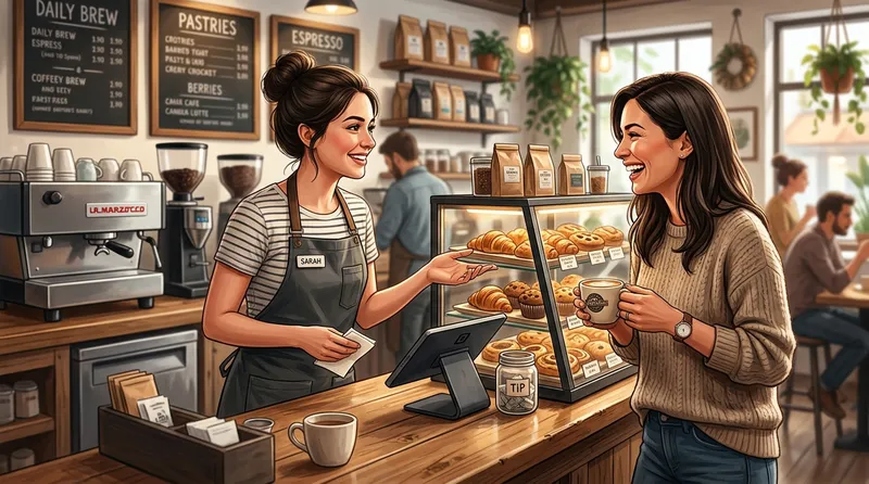 Barista menyarankan pastry kepada pelanggan sebagai contoh penjualan sugestif di kafe