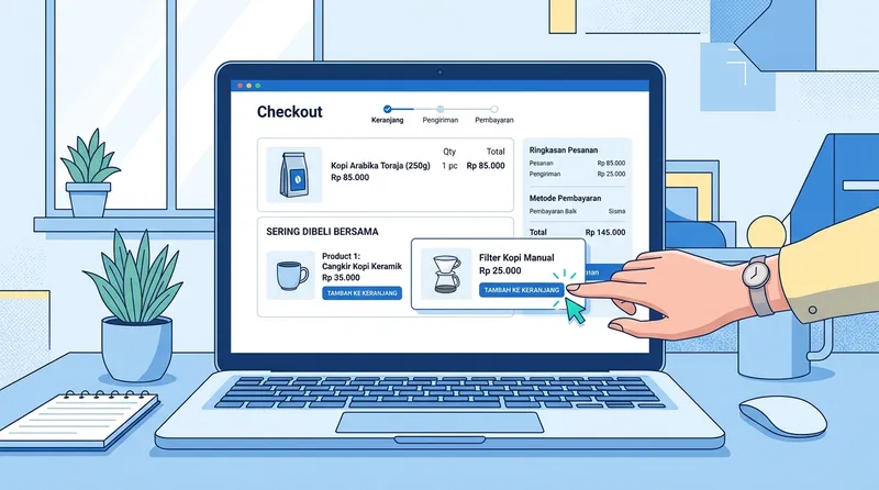 Ilustrasi rekomendasi produk di halaman checkout e-commerce dengan fitur Sering Dibeli Bersama