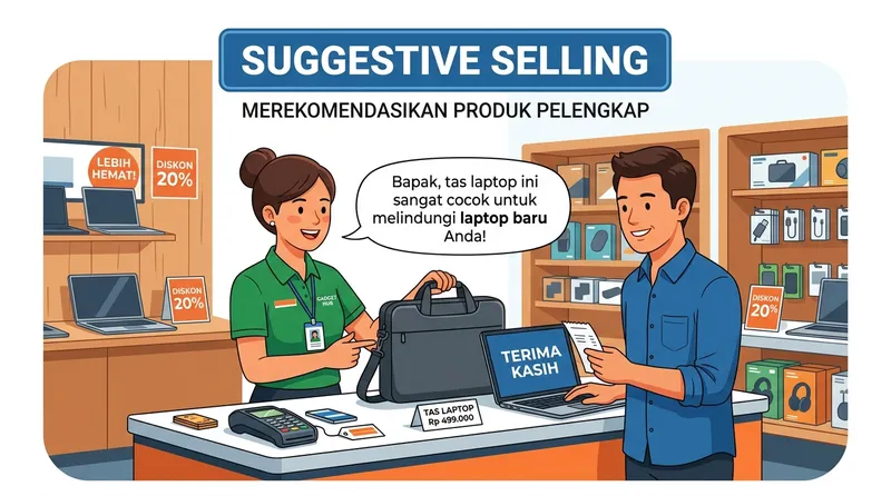 Ilustrasi konsep suggestive selling di toko retail modern dengan sales merekomendasikan produk pelengkap