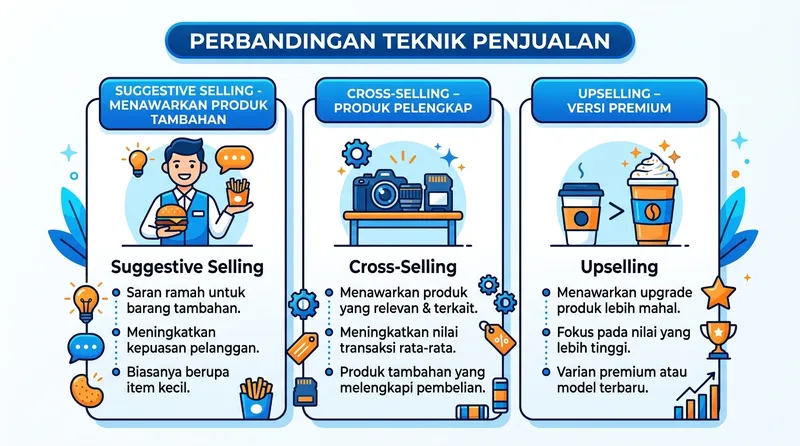 Infografis perbandingan teknik suggestive selling, cross-selling, dan upselling