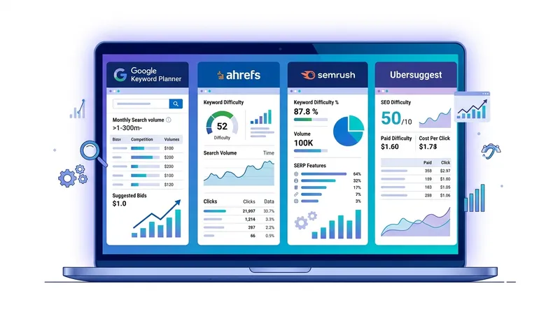 Perbandingan tools riset keyword: Google Keyword Planner, Ahrefs, Semrush, Ubersuggest