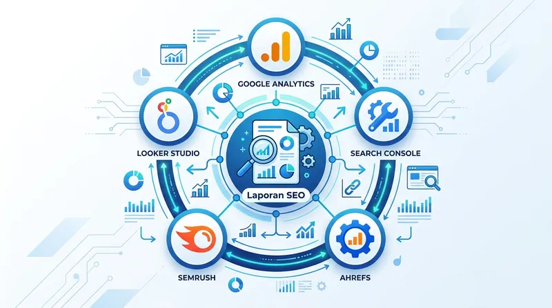 Ekosistem tools untuk SEO reporting termasuk Google Analytics, Search Console, Ahrefs, Semrush, dan Looker Studio