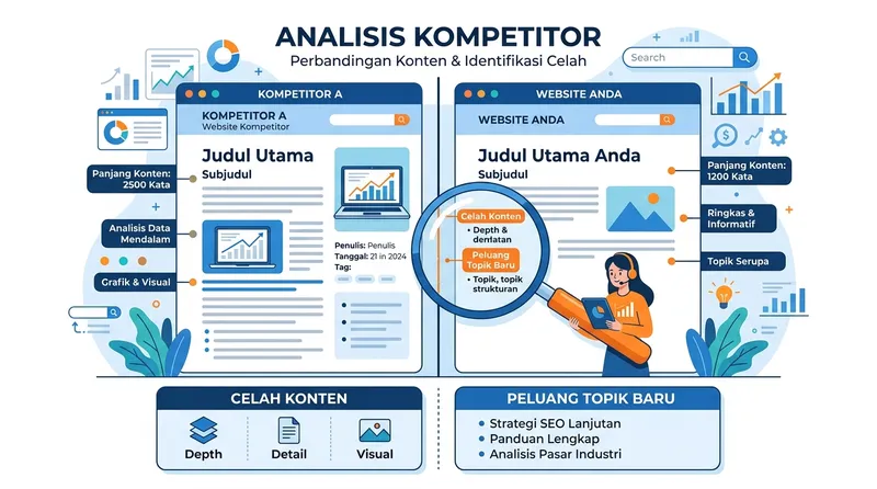Ilustrasi analisis kompetitor untuk menemukan celah konten dan peluang topik baru