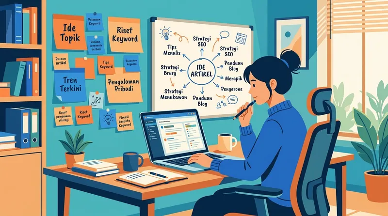 Ilustrasi brainstorming topik artikel di meja kerja dengan sticky notes dan mind map