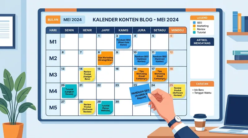Ilustrasi kalender konten blog dengan jadwal publikasi artikel bulanan