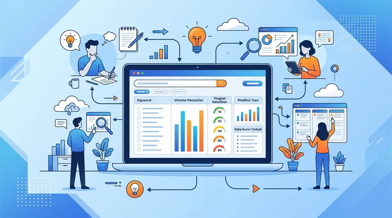 Ilustrasi riset keyword untuk menemukan topik artikel menggunakan tools SEO