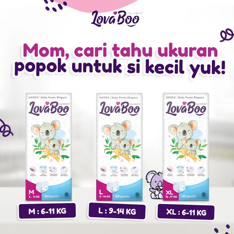 Panduan ukuran popok Lovaboo untuk bayi dari newborn hingga XL