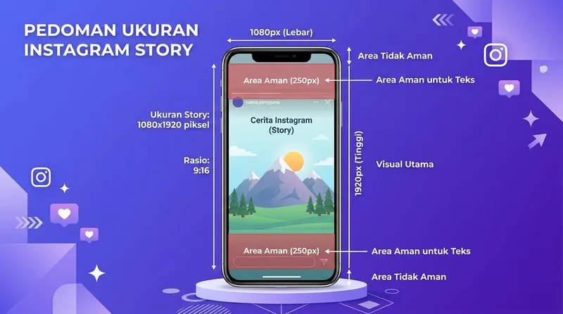 Panduan ukuran Instagram Story dengan dimensi 1080x1920 piksel dan safe zone area aman 250 piksel