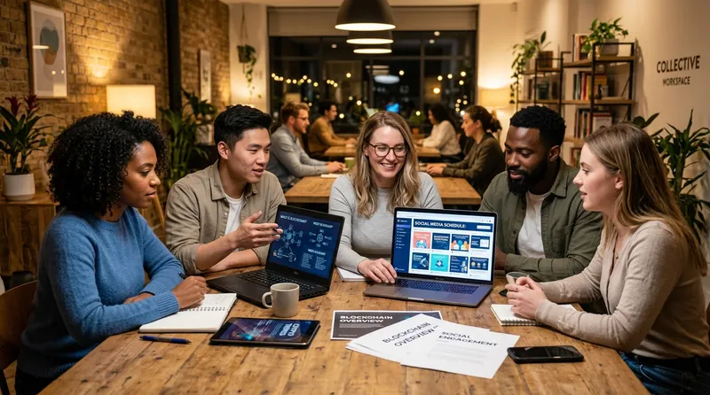 Tim kolaborasi review konten blockchain antara Creativism dan Web3 Nusa menggunakan laptop