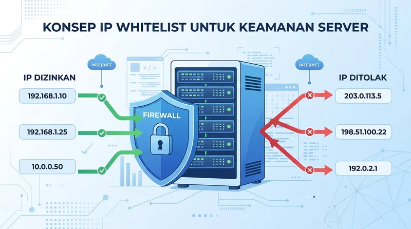 Ilustrasi IP whitelist dengan firewall yang mengizinkan dan memblokir alamat IP