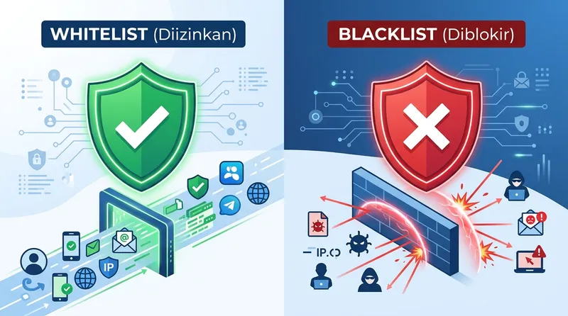 Ilustrasi perbedaan whitelist dan blacklist dalam keamanan siber