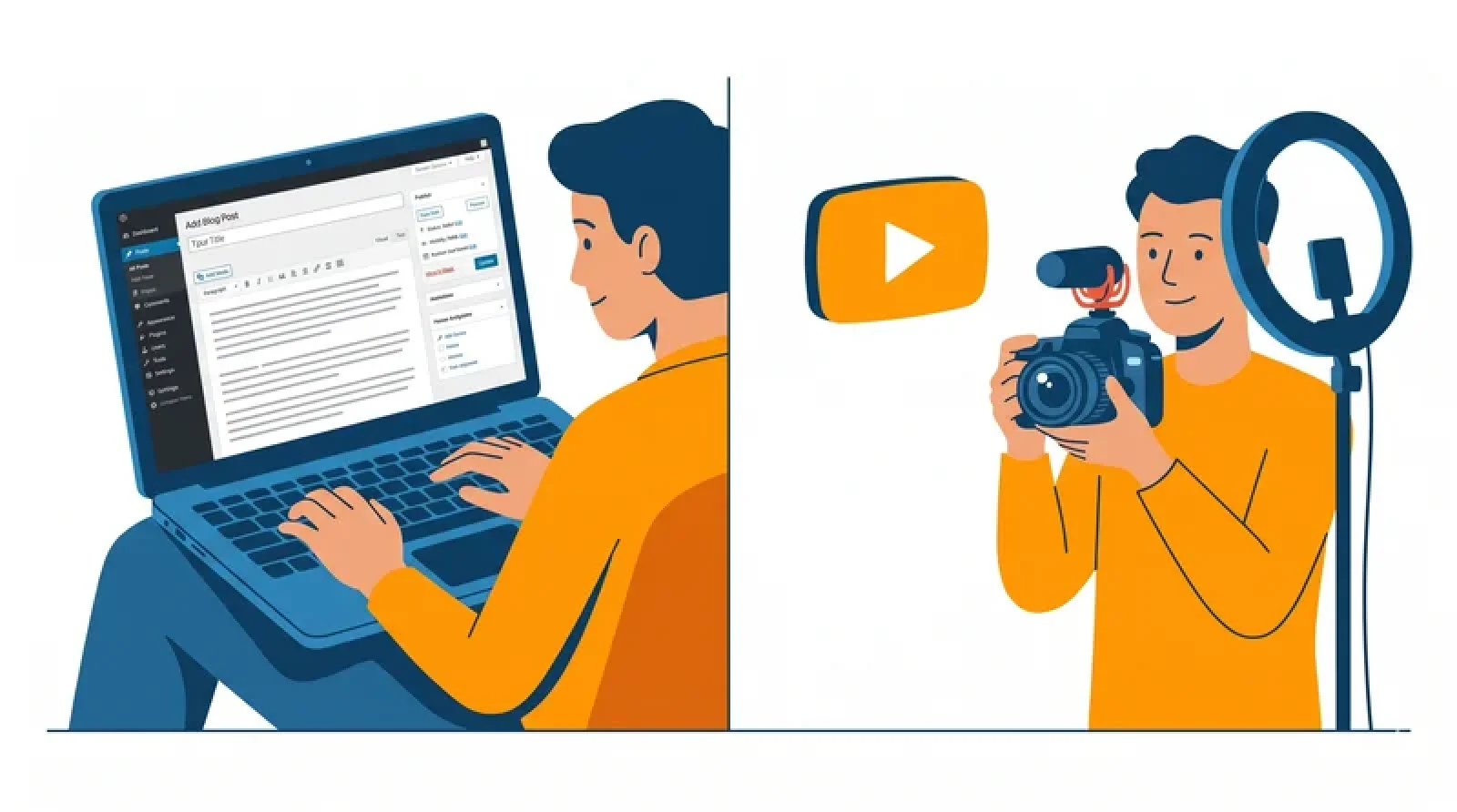 Ilustrasi perbedaan blog dan vlog: blogger menulis di laptop vs vlogger merekam video dengan kamera
