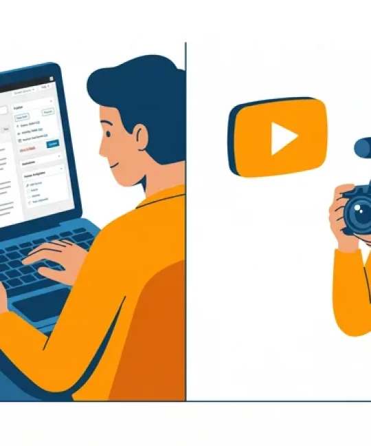 Ilustrasi perbedaan blog dan vlog: blogger menulis di laptop vs vlogger merekam video dengan kamera