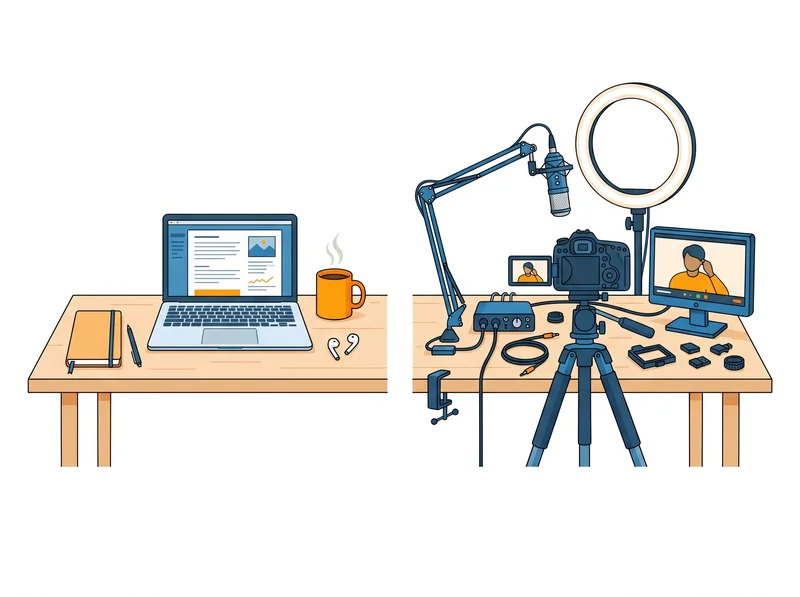 Perbandingan peralatan blog dan vlog: laptop dan buku catatan vs kamera DSLR, ring light, dan mikrofon