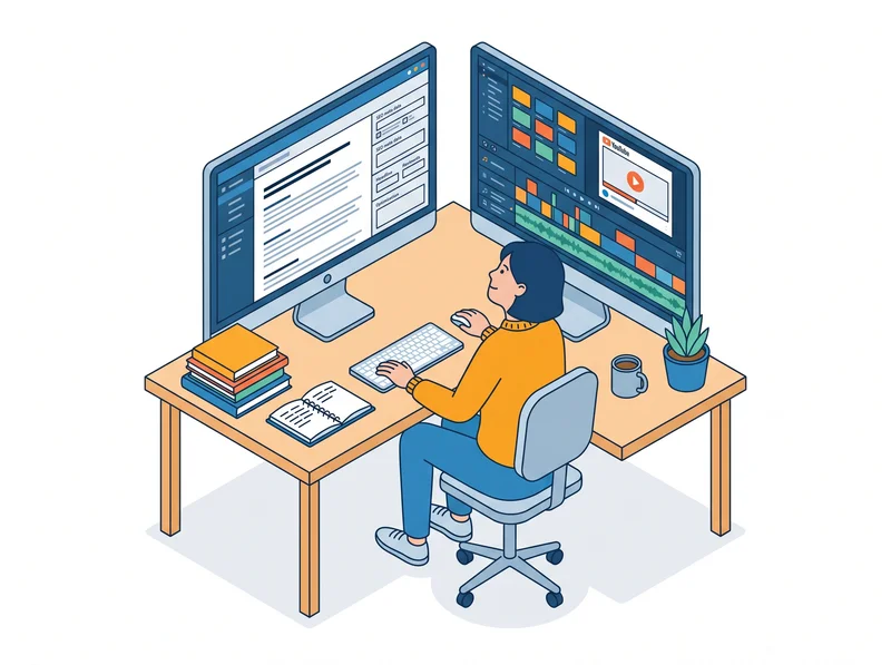 Content creator bekerja di dua monitor: satu untuk blog editing, satu untuk video editing