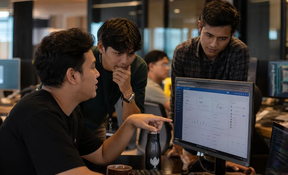 Tim software developer Indonesia berkolaborasi di kantor software house