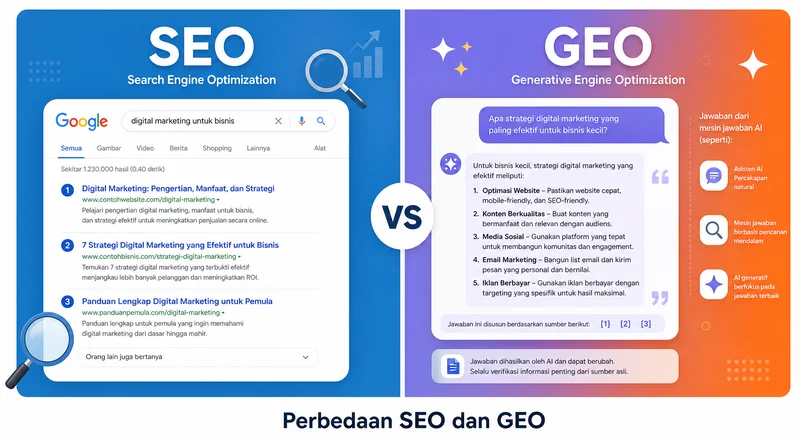 Perbedaan SEO dan GEO infografis perbandingan visual