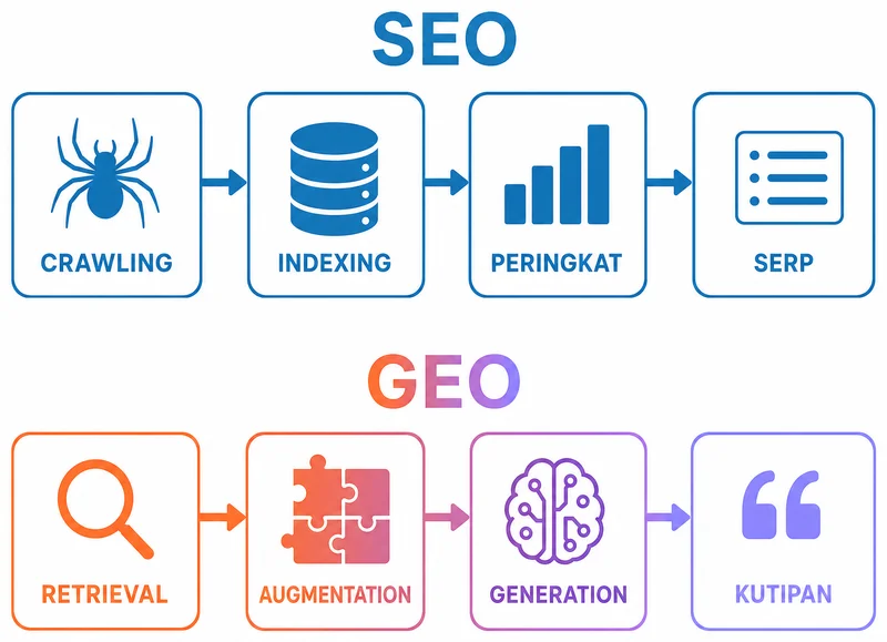 Cara kerja SEO crawling indexing ranking vs GEO retrieval generation