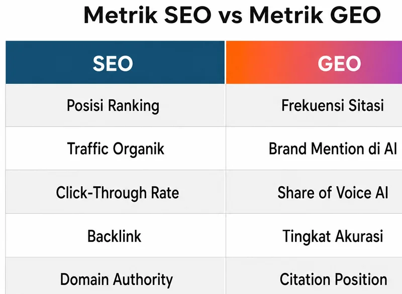 Tabel perbandingan metrik SEO vs GEO untuk mengukur kinerja