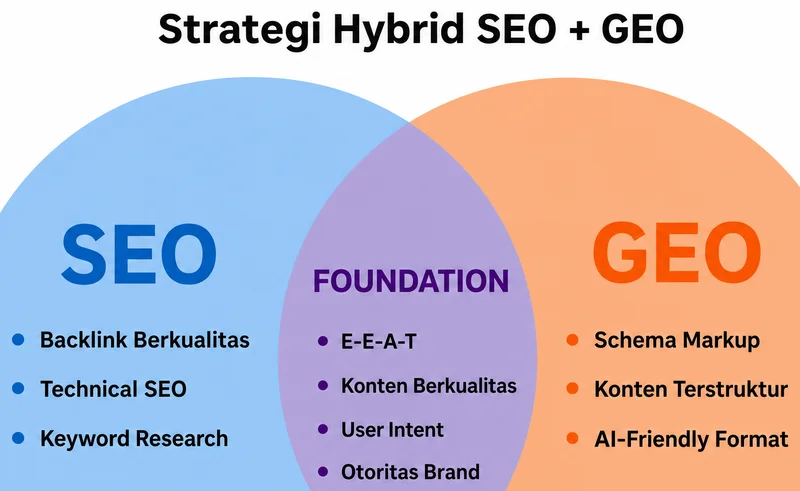 Diagram Venn strategi hybrid SEO dan GEO foundation E-E-A-T