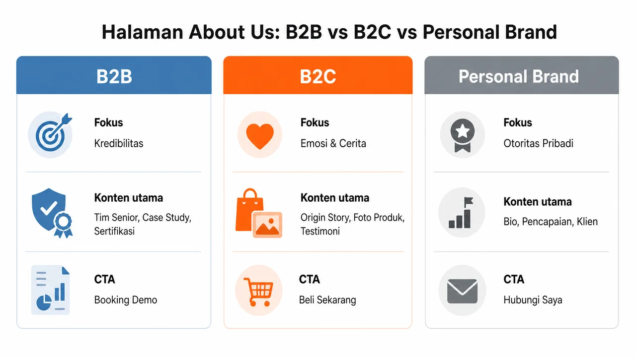 Perbandingan halaman About Us untuk B2B, B2C, dan Personal Brand dengan fokus konten dan CTA berbeda