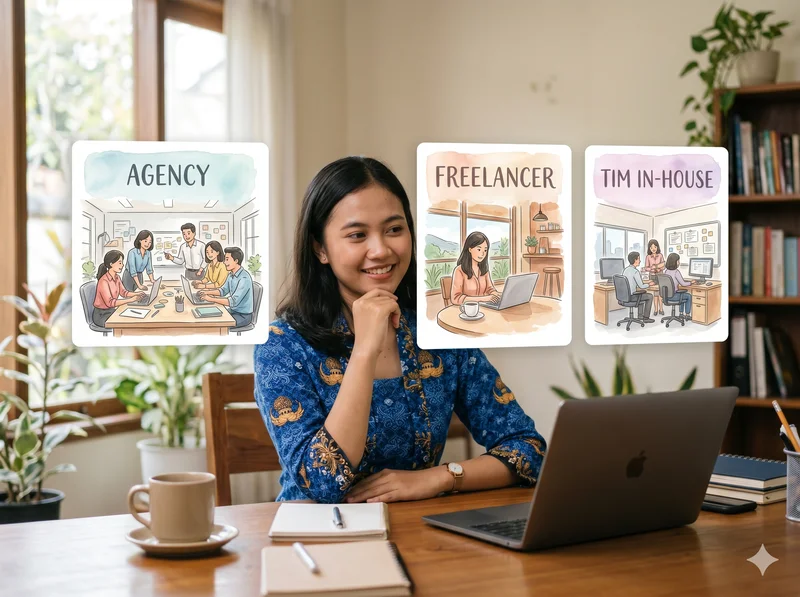 Perbandingan agency vs freelancer vs tim in-house untuk kebutuhan pemasaran bisnis