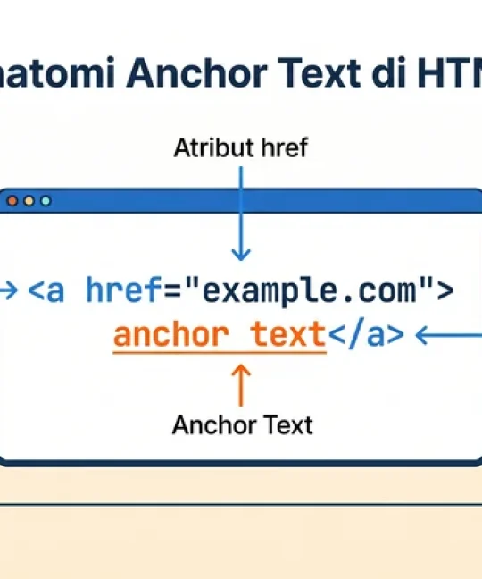 Anatomi anchor text di HTML dengan label tag pembuka, atribut href, anchor text, dan tag penutup