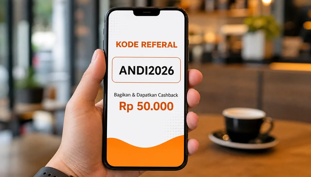 Tampilan kode referal di smartphone dengan reward cashback