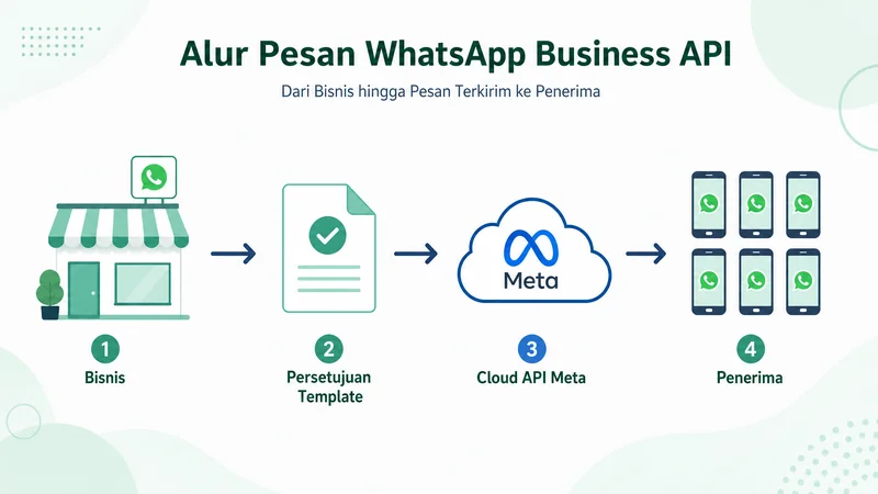 Diagram alur kerja WhatsApp Business API: dari bisnis, template approval, Cloud API Meta, sampai penerima