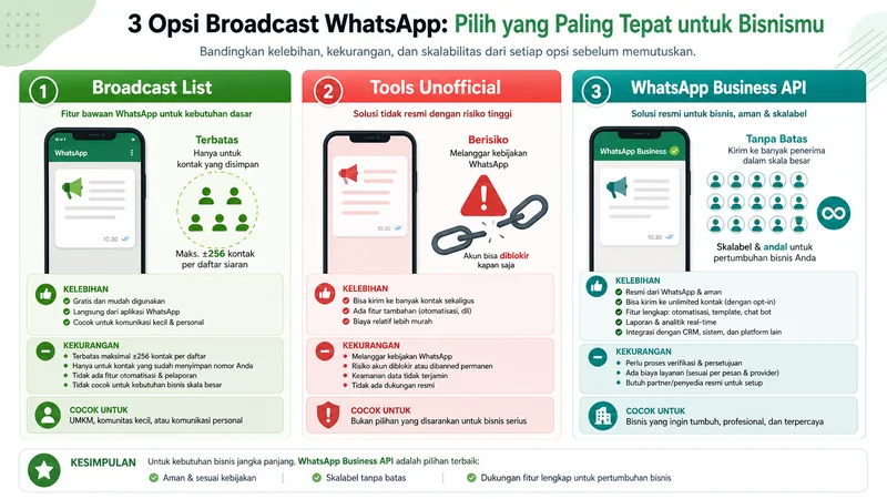 Perbandingan Broadcast List vs Tools Unofficial vs WhatsApp Business API resmi