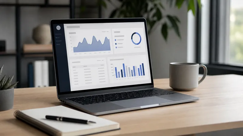 Hasil output auto generate konten di workspace modern dengan laptop dan dokumen