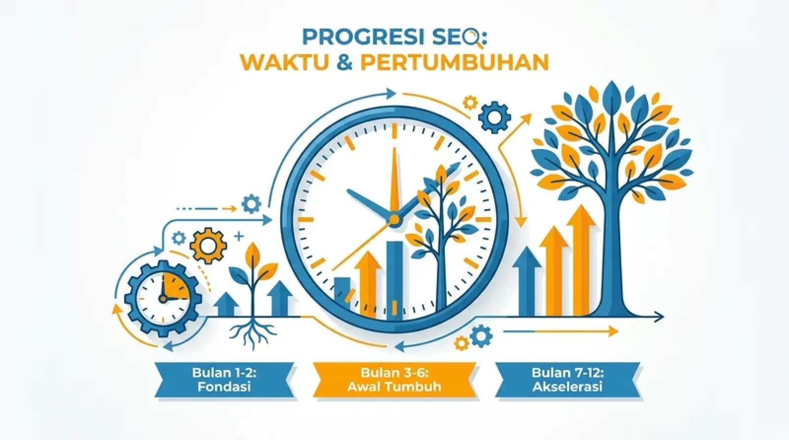 Berapa lama SEO terasa hasilnya: ilustrasi timeline progres SEO dari fondasi hingga akselerasi