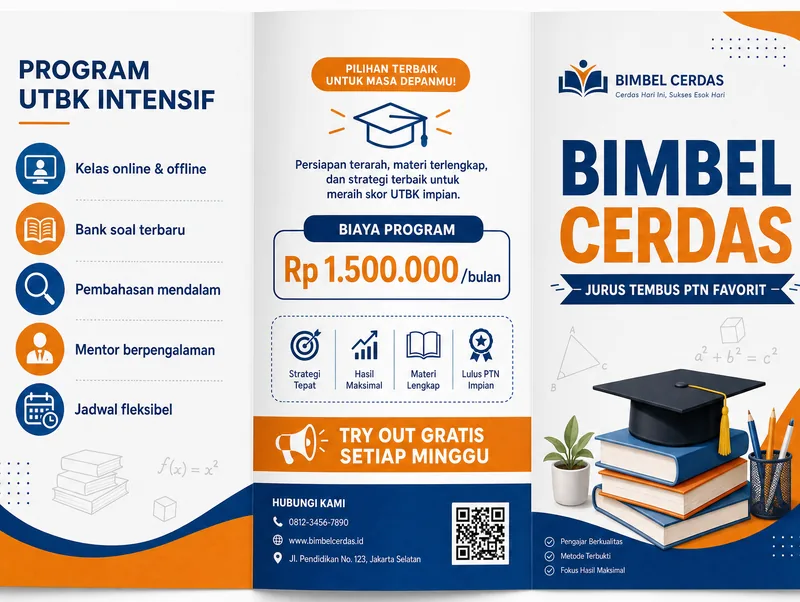 Contoh desain brosur bimbel print profesional dengan struktur informasi yang jelas