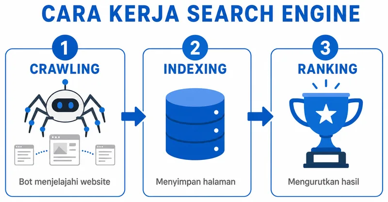 Cara kerja search engine: crawling, indexing, ranking