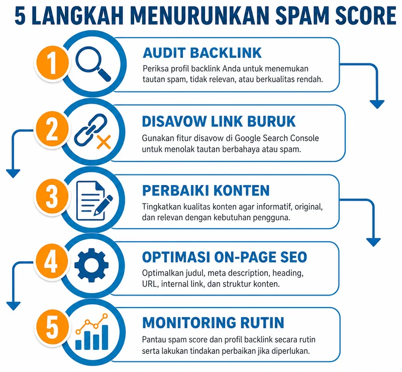 Lima langkah menurunkan spam score domain: audit backlink, disavow link buruk, perbaiki konten, optimasi on-page SEO, dan monitoring rutin