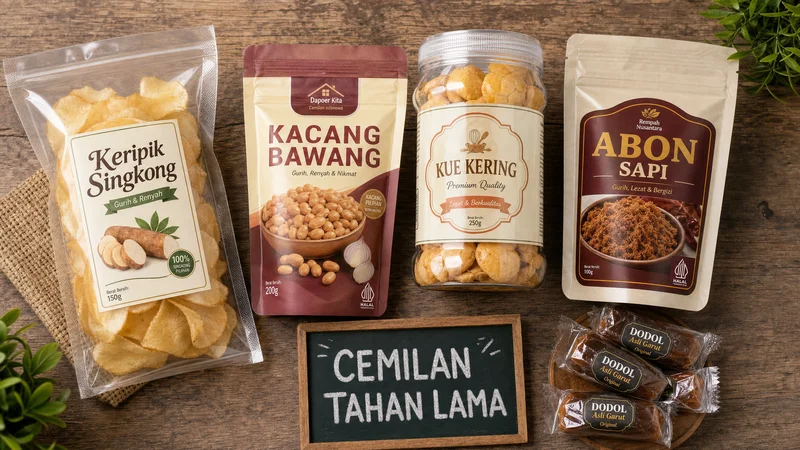 Berbagai cemilan tahan lama untuk dijual dalam kemasan rapi