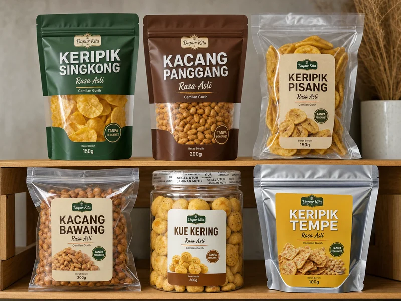 Kemasan cemilan tahan lama untuk dijual di display rak
