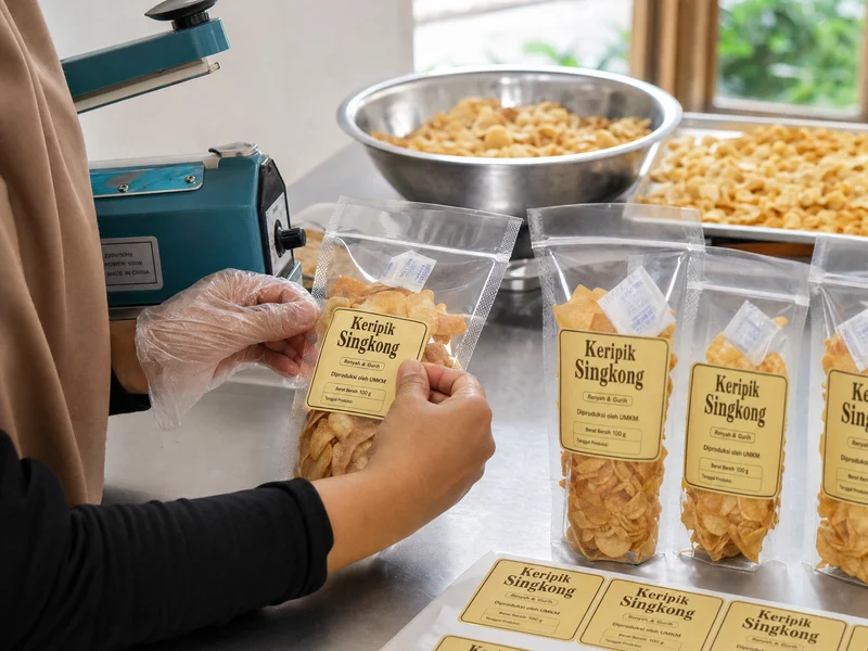 Proses produksi dan packing cemilan tahan lama untuk dijual
