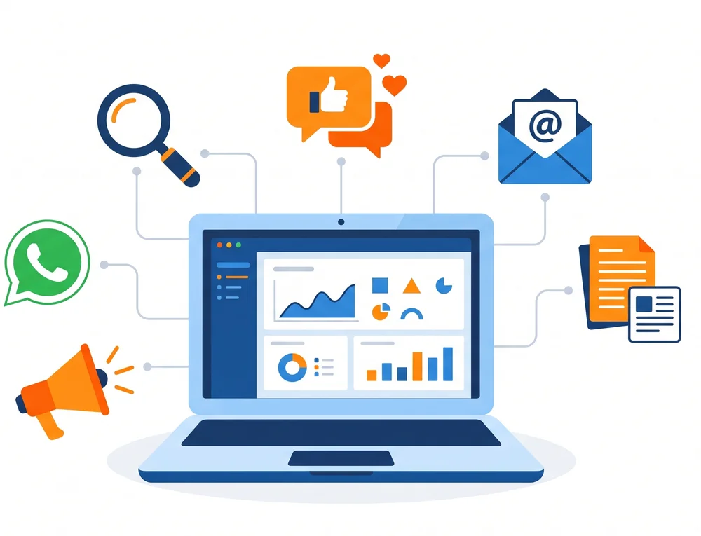 Berbagai channel digital untuk lead generation: SEO, social media, email, konten, iklan, dan WhatsApp