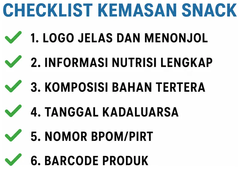 Checklist enam elemen wajib pada gambar kemasan snack: logo, informasi nutrisi, komposisi, kadaluarsa, nomor BPOM, dan barcode