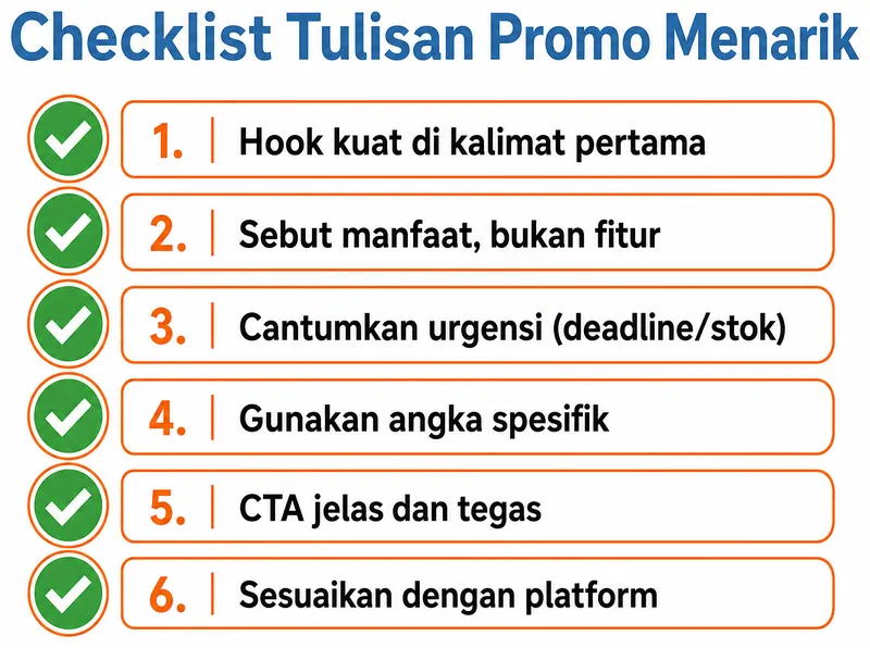 Checklist tulisan promo menarik dengan enam item validasi sebelum posting