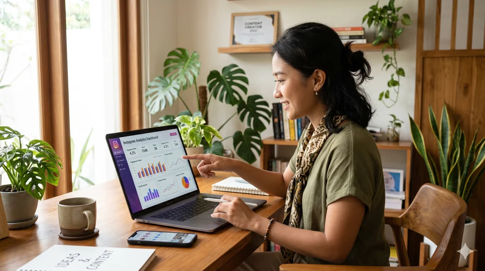 Content creator mengecek engagement rate Instagram dari laptop di meja kerja yang rapi