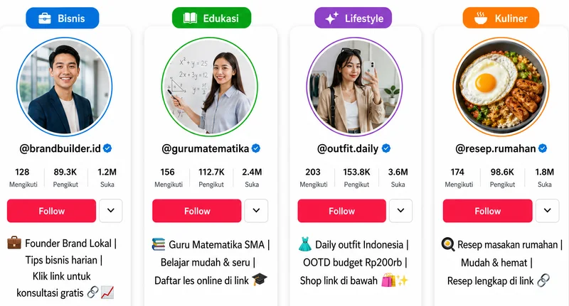 Contoh bio TikTok untuk mendapatkan followers berbagai niche bisnis edukasi lifestyle kuliner