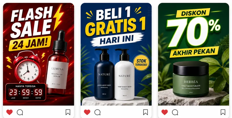 Contoh tiga caption promo menarik di feed Instagram dengan tipe penawaran berbeda