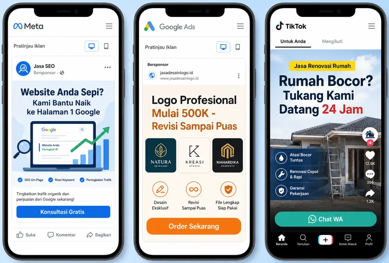 Contoh iklan jasa SEO, jasa desain logo, dan jasa renovasi dengan copywriting AIDA
