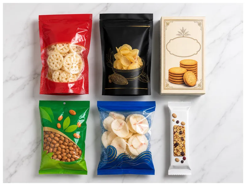 Inspirasi desain enam jenis kemasan snack dengan gaya visual berbeda