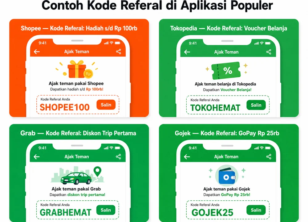 Contoh kode referal di aplikasi Shopee, Tokopedia, Grab, dan Gojek