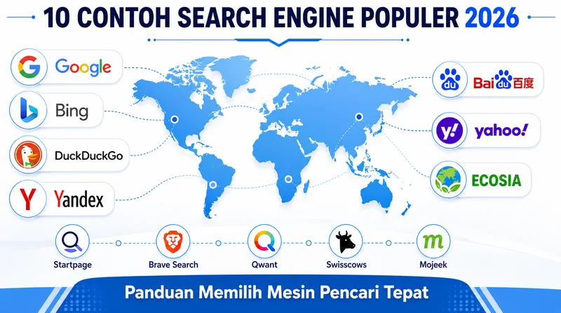 10 contoh search engine populer 2026 dengan logo Google, Bing, DuckDuckGo, Yandex, Baidu